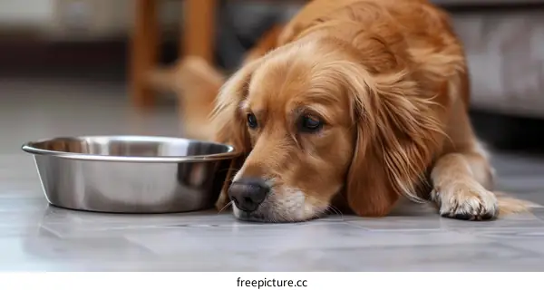 A Golden Retriever Dog Lying on the Floor Next to an Empty Bowl