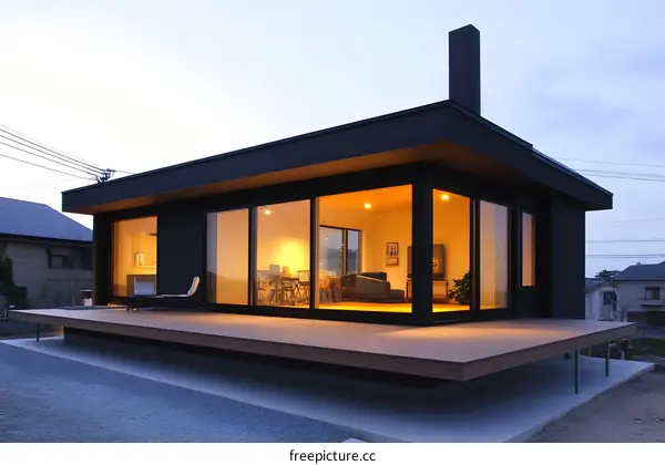 Modern Black House with Large Windows and Deck