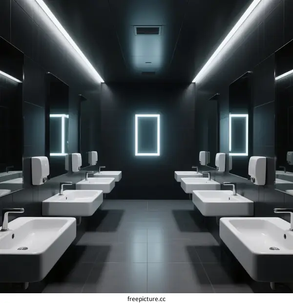 Modern Public Restroom with Black Tiles and LED Lighting