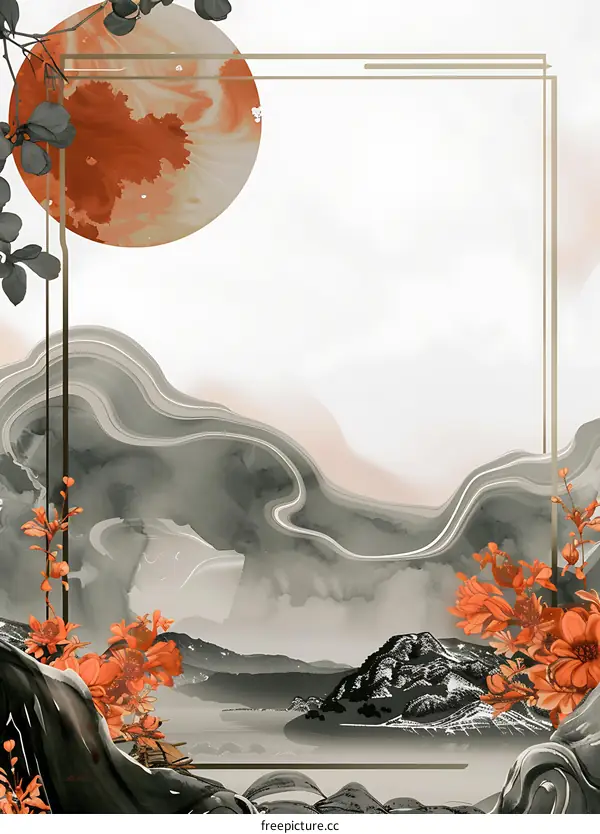 Abstract Watercolor Mountain Landscape with Golden Frame