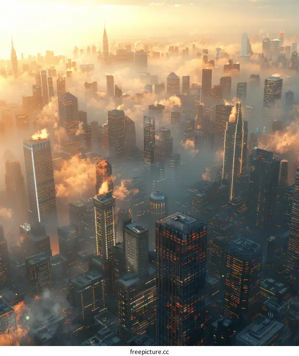 A bird's eye view of a futuristic city with skyscrapers and clouds.