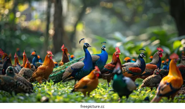 A group of peafowl and chickens foraging in a forest