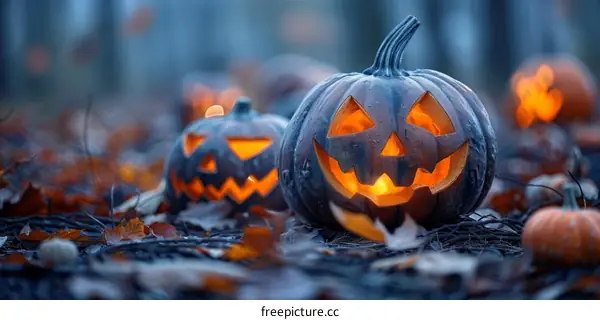 Spooky Halloween pumpkins glowing in the dark forest