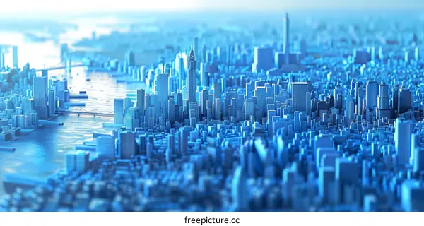 Blue and White Cityscape 3D Rendering