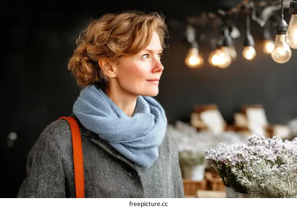 Woman in a Grey Coat and Light Blue Scarf
