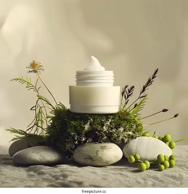 Natural Skincare Cream Jar with Stones and Moss
