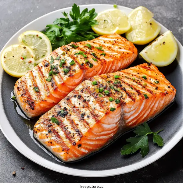 Grilled Salmon with Lemon and Herbs on Plate