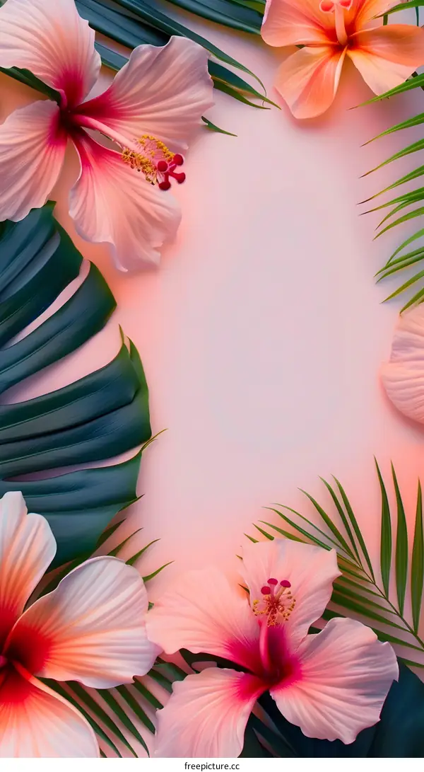 Tropical Flowers and Palm Leaves on Pink Background