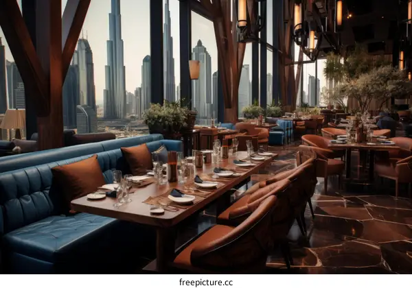 Fine dining restaurant with a view of the Dubai skyline