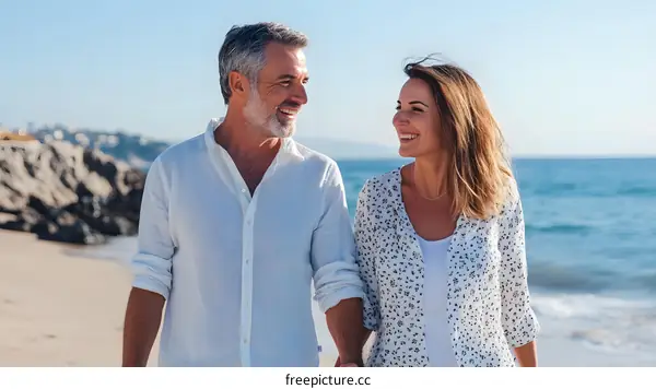 Couple Walking on Beach Hand in Hand Smiling