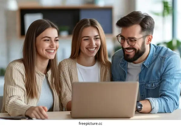 Happy Colleagues Working Together on a Laptop