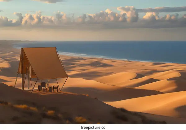 Desert Shelter  Landscape with a Wooden Structure  Overlooking the Ocean