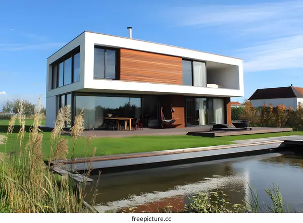 Modern Two Story House with Large Windows and Pool