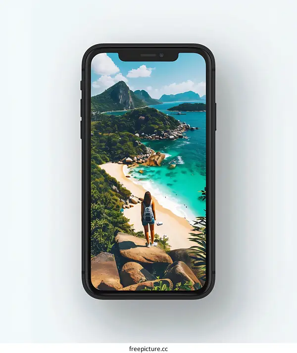 Woman with Backpack Standing on Cliff Overlooking Beach