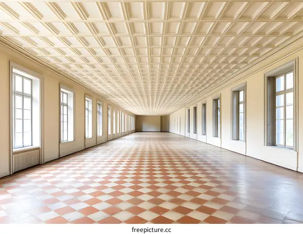 Empty Hallway With White Walls And Checkerboard Floor