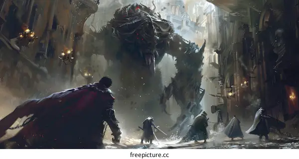 Fantasy Art of a Giant Monster and Warriors in a Medieval City