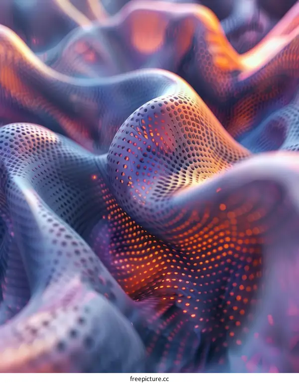 Blue and orange abstract 3D rendering of a wavy surface with a lot of holes