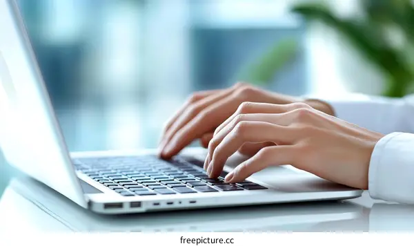 Woman Typing on a Laptop in Modern Office
