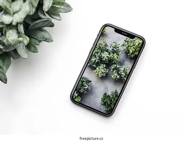 Top View of a Black Smartphone with Green Plants on Screen