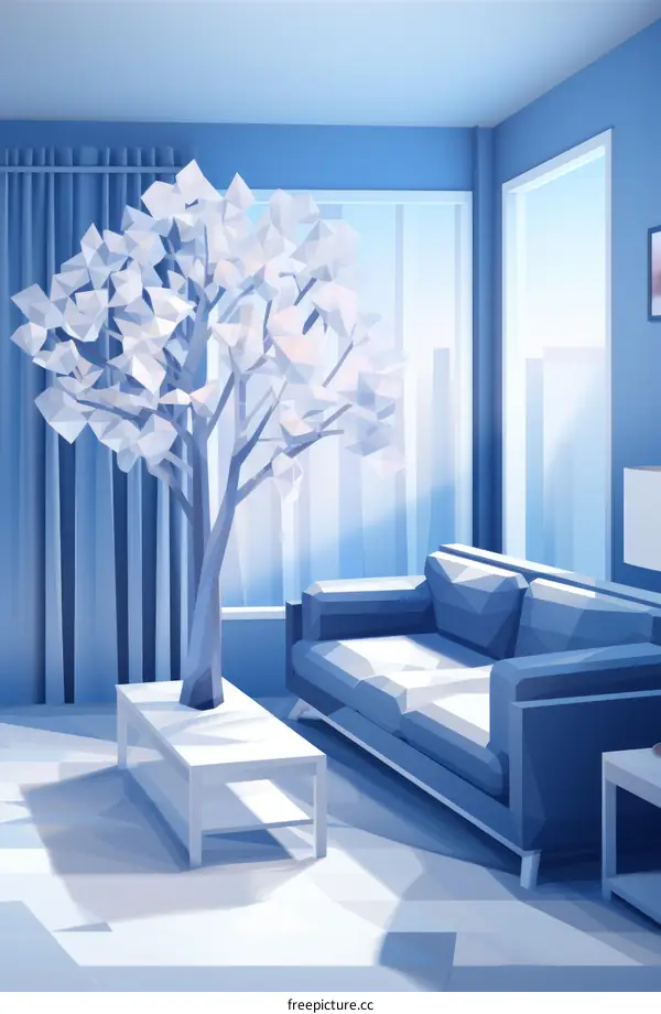 Modern Blue Living Room Interior with Geometric Tree