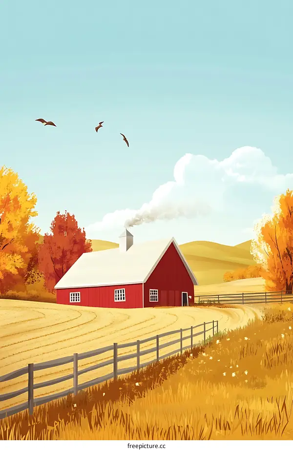 Red Barn in Autumn Field