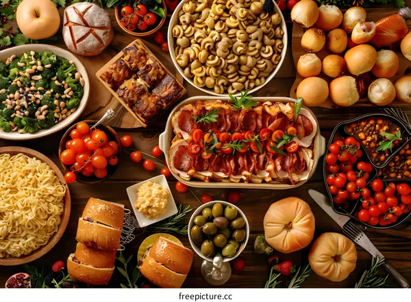 A delicious Thanksgiving dinner table spread with food