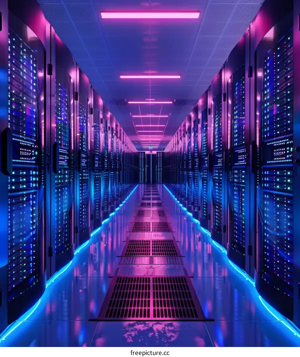 Server room with purple and blue lights