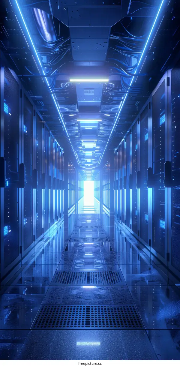 Futuristic server room with blue lights
