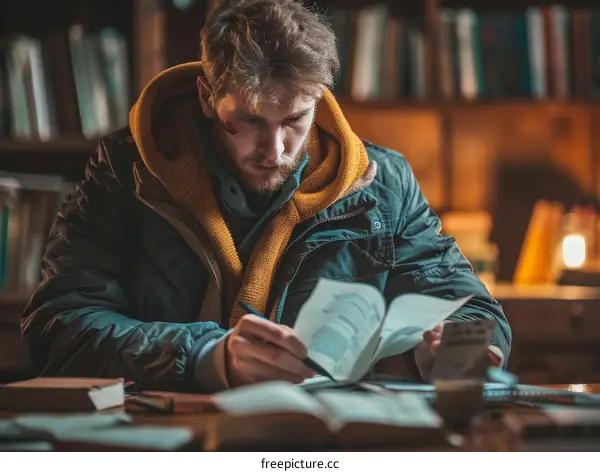 Young man studying in a library