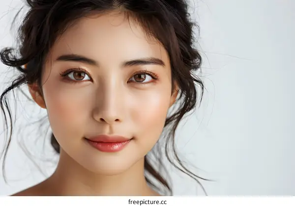 portrait of a young asian woman with brown hair and brown eyes