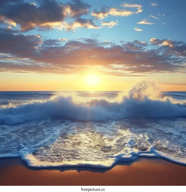 The sun rises over the ocean, casting a warm glow over the waves.