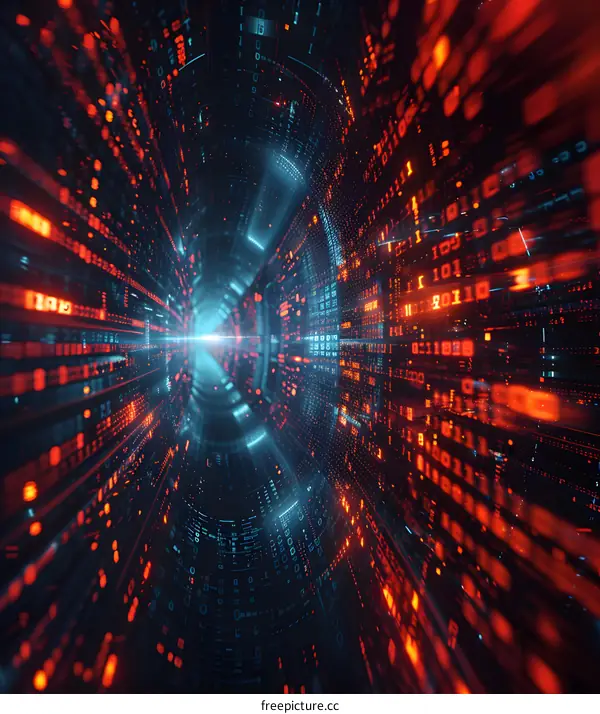 Binary tunnel of glowing blue and red numbers.