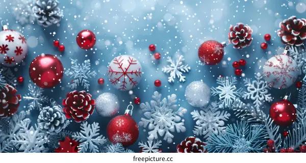 Blue Christmas Background with Snowflakes and Pine Cones
