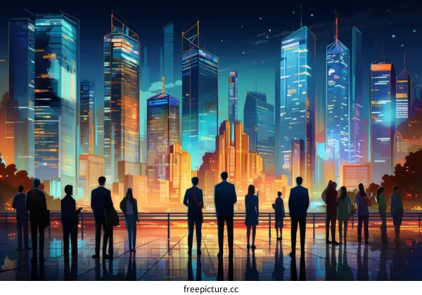 A group of people looking at a futuristic city skyline