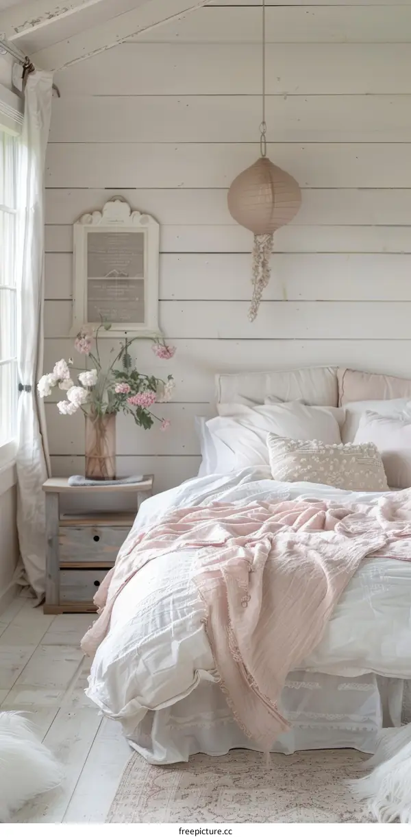 Cozy Farmhouse Bedroom with Pink Bedding