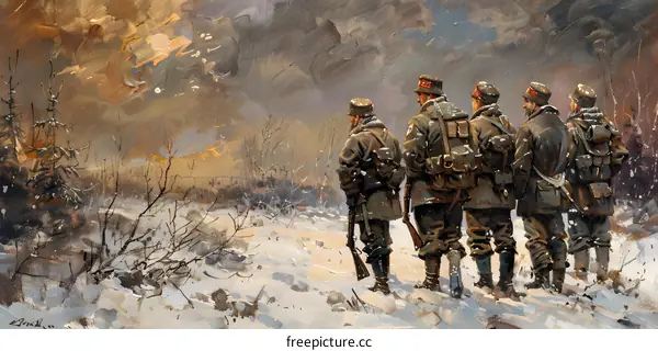 Four soldiers in the snow looking at a burning village