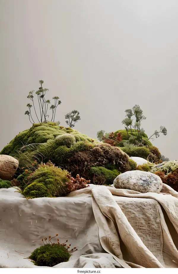 Green Moss and Stones on Linen Fabric Background
