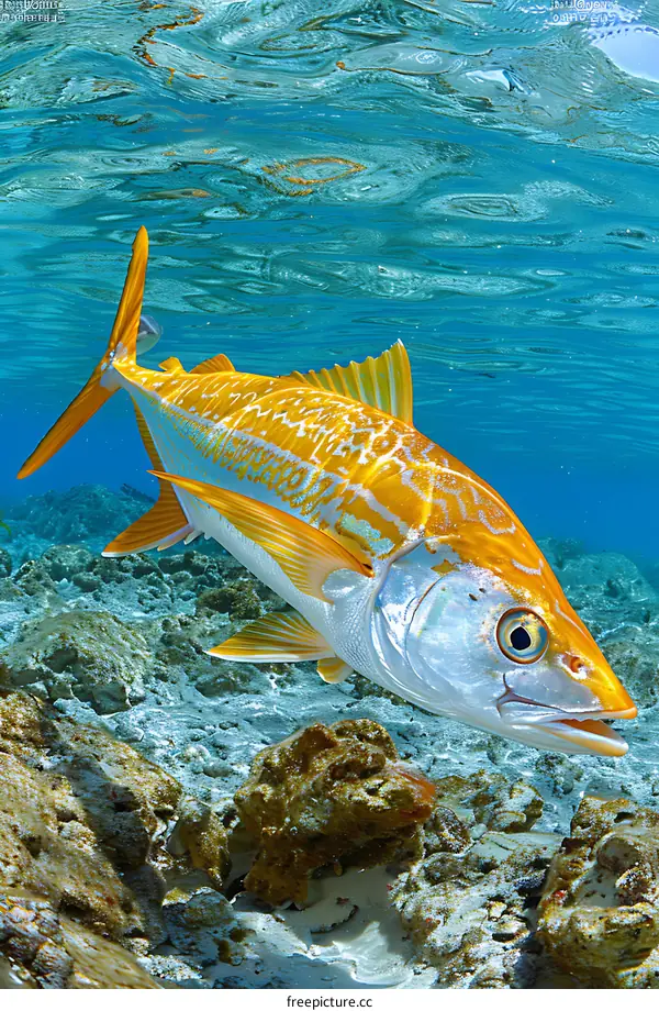 Golden Jack Swimming Over Coral Reef