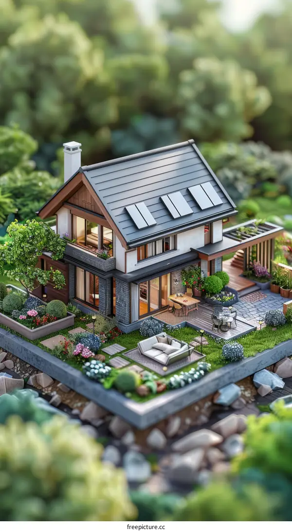 3D rendering of a modern house with a garden