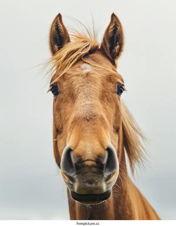 Close-up portrait of a brown horse looking at the camera