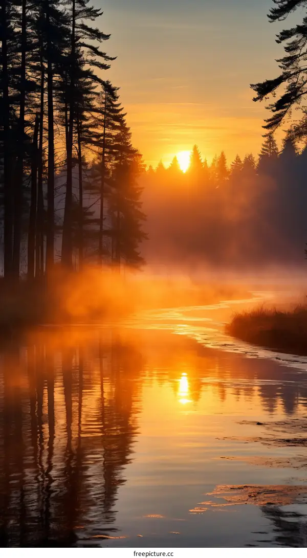 Pine trees by a river in the morning light