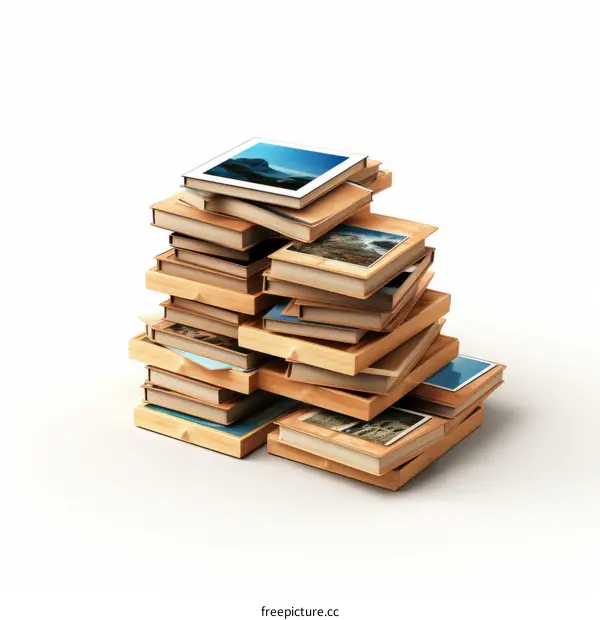 A stack of books with photo albums