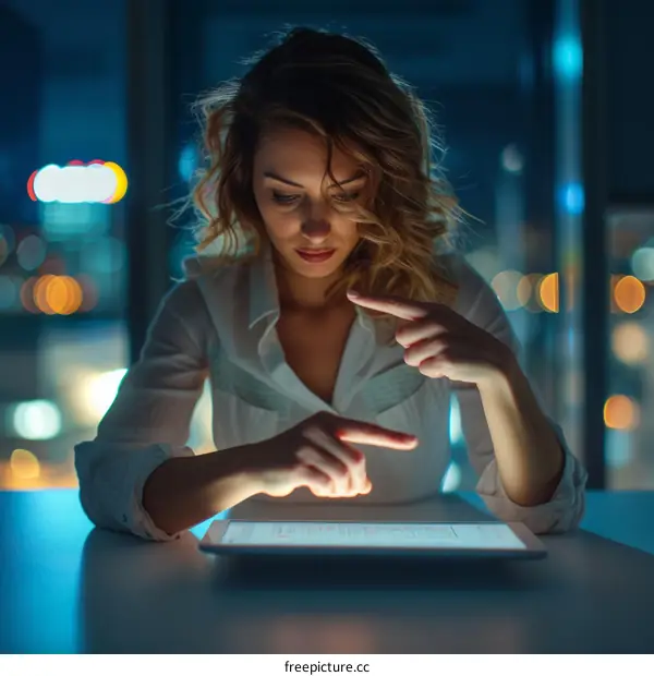 Businesswoman using a tablet computer in the office at night