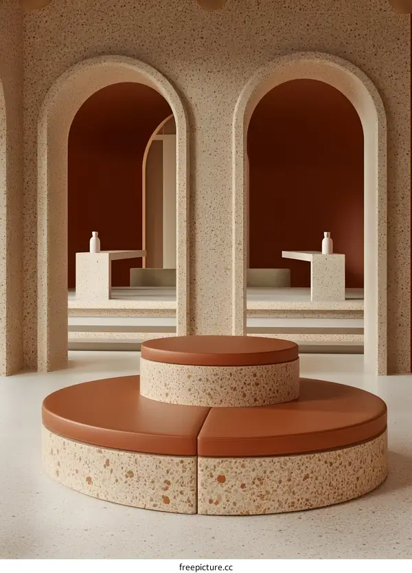 Archway Interior Design With Terrazzo  And Brown Cushioned Platform