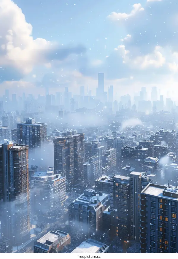 A City Covered in Snow Under a Cloudy Sky