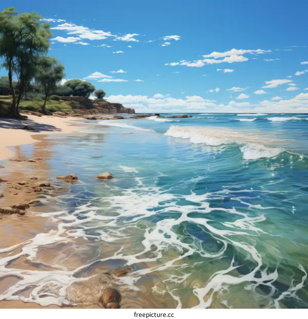 Beach scene with blue sky, green trees, and white waves crashing on the shore