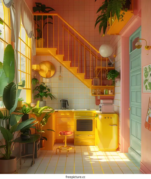 Yellow Kitchen Interior Design with Stairs and Plants
