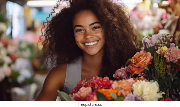 Smiling Woman Florist Holding Bouquet of Flowers
