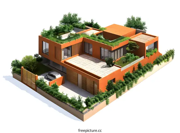 Modern Architectural Design of an Orange House with a Green Roof and a White Car in the Yard