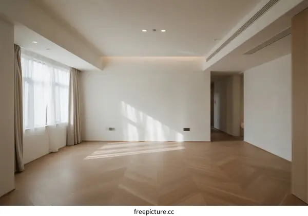 Bright and empty room with wooden flooring and large windows